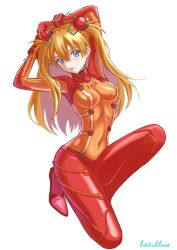 Rule 34 | 1girl, bacillus, blue eyes, bodysuit, breasts, brown hair, covered navel, curvy, evangelion: 2.0 you can (not) advance, expressionless, full body, interface headset, long hair, looking at viewer, medium breasts, neon genesis evangelion, pilot suit, plugsuit, rebuild of evangelion, red bodysuit, see-through, see-through bodysuit, shiny clothes, skin tight, solo, souryuu asuka langley, test plugsuit, two side up, very long hair, white background, wide hips