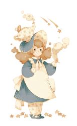 Rule 34 | 1girl, apron, big hair, blue eyes, blue hat, bow, brown hair, dress, frilled apron, frills, full body, hat, image sample, original, pantyhose, pixiv sample, pocket, shui pi, simple background, solo, star (symbol), steam, teapot, the 10th step, white background, witch, witch hat