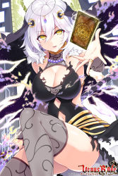 Rule 34 | 1girl, bare shoulders, black dress, breasts, bridal gauntlets, card, character request, cleavage, clothing cutout, copyright name, dress, grey thighhighs, hair between eyes, hair ornament, hexagram, highres, hisen kaede, holding, large breasts, looking at viewer, navel, navel cutout, parted lips, silver hair, sleeveless, sleeveless dress, smile, solo, teeth, thighhighs, torn clothes, torn dress, upper teeth only, venus blade, watermark, yellow eyes