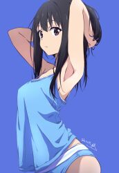 Rule 34 | 1girl, armpits, arms up, black hair, blue background, blue panties, blue shirt, brand name imitation, calvin klein, commentary request, dated, expressionless, highres, inoue takina, looking at viewer, lycoris recoil, nii manabu, panties, purple eyes, revision, shirt, sleeveless, sleeveless shirt, solo, underwear