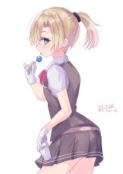 Rule 34 | 1girl, absurdres, black skirt, black vest, blonde hair, blue eyes, bow, bowtie, candy, collared shirt, cup, dress shirt, drinking glass, food, from behind, highres, hizaka, kantai collection, lollipop, looking at viewer, maikaze (kancolle), one-hour drawing challenge, pleated skirt, ponytail, red bow, red bowtie, shirt, short hair, simple background, skirt, solo, tongue, tongue out, vest, white background, white shirt