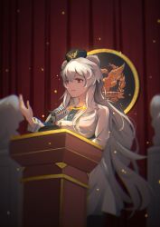 Rule 34 | 1girl, absurdres, animal ears, arknights, bear ears, chinese commentary, commentary request, cowboy shot, dress, grey eyes, hat, highres, huge filesize, long hair, long sleeves, parted lips, rosa (arknights), silver hair, solo, standing, ursus empire logo, very long hair, white dress, xgbghost