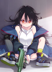 Rule 34 | 1girl, asymmetrical legwear, bare shoulders, black footwear, black hair, blue jacket, boots, breasts, c-ms (girls&#039; frontline), cbj-ms, closed mouth, collarbone, commentary request, dress, extended magazine, foregrip, full body, girls&#039; frontline, green socks, grey socks, gun, hair between eyes, handgun, harada (sansei rain), high collar, highres, holding, holding gun, holding weapon, jacket, knee pads, knees up, long hair, looking at viewer, machine pistol, name connection, object namesake, off shoulder, open clothes, open jacket, personal defense weapon, pistol, pistol stabilizing brace, red eyes, shadow, shoe soles, single sock, single thighhigh, sitting, sleeveless, sleeveless dress, small breasts, socks, solo, spread legs, stock (firearm), stubby grip, submachine gun, telescoping stock, thighhighs, uneven legwear, v-shaped eyebrows, vertical forward grip, very long hair, weapon, white dress