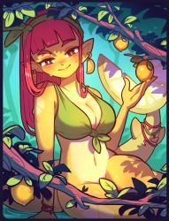 Rule 34 | 1girl, absurdres, artist name, bikini, blunt bangs, blush, bottomless, breasts, bright pupils, brown eyes, cleavage, closed mouth, colored skin, earrings, fins, fish tail, food, fruit, gaziter, green bikini, highres, jewelry, large breasts, lemon, looking at viewer, navel, original, pink hair, pointy ears, shark girl, shark tail, smile, solo, swimsuit, tail, twitter username, white pupils, yellow skin