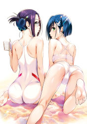 Rule 34 | 2girls, ass, back, bare shoulders, barefoot, beach, bikini, blue hair, blush, book, breasts, cleaned, darling in the franxx, day, feet, from behind, glasses, green eyes, hair ornament, hairclip, highres, huge ass, ichigo (darling in the franxx), ikuno (darling in the franxx), kneepits, lips, long hair, looking at viewer, looking back, medium breasts, multiple girls, official art, one-piece swimsuit, parted lips, purple hair, sand, shiny skin, short hair, simple background, sitting, soles, swimsuit, toes, white background, white one-piece swimsuit, yabuki kentarou