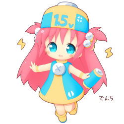 Rule 34 | 1girl, :d, aikei ake, battery, blue dress, blue eyes, blush, boots, brown footwear, brown hat, chibi, dress, full body, hair ornament, hat, highres, holding, lightning bolt symbol, long hair, looking at viewer, open mouth, original, outstretched arms, personification, pink hair, simple background, sleeveless, sleeveless dress, smile, solo, translation request, two side up, very long hair, white background