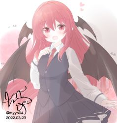 Rule 34 | 1girl, blush, breasts, chame (myyo04), head wings, heart, koakuma, long hair, long sleeves, looking at viewer, necktie, open mouth, red eyes, red hair, red necktie, shirt, skirt, smile, solo, touhou, very long hair, vest, wings