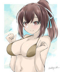 Rule 34 | 1girl, bikini, breasts, brown bikini, brown eyes, brown hair, cleavage, commentary request, gakky, hair ribbon, ise (kancolle), kantai collection, large breasts, looking at viewer, one-hour drawing challenge, ponytail, ribbon, short hair, sidelocks, solo, swimsuit, upper body