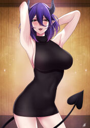 Rule 34 | 1girl, armpits, arms up, blush, character request, copyright request, horns, purple hair, solo, tail, xter