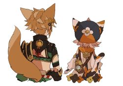 Rule 34 | 1boy, 1girl, animal ears, brown hair, calico, cat ears, cat girl, cat tail, cropped torso, diona (genshin impact), fox boy, fox ears, fox tail, from behind, genshin impact, gorou (genshin impact), hair ornament, hat, iwashi (iwashi008), japanese clothes, pink hair, short hair, simple background, tail, vision (genshin impact), white background