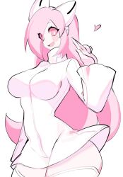 Rule 34 | 1girl, ami (gwain saga), animal ears, arm up, blush stickers, breasts, cat ears, fake animal ears, gwain saga, heart, high collar, large breasts, long hair, looking at viewer, pale skin, pink eyes, pink hair, smile, thick thighs, thighhighs, thighs, usa37107692, wide hips