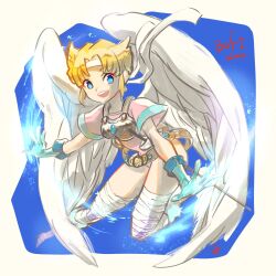 Rule 34 | 1girl, angel wings, anzuni (marblefrog), armor, blonde hair, blue eyes, boots, breath of fire, breath of fire i, covered navel, elbow gloves, feathered wings, full body, gloves, highres, knee boots, leotard, looking at viewer, nina (breath of fire i), one eye closed, open mouth, rapier, short hair, smile, solo, sword, thighhighs, weapon, white wings, wings