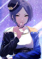 Rule 34 | 1girl, blue hair, breasts, choker, collarbone, cropped jacket, dark blue hair, earrings, finger to mouth, fingernails, hat, hayami kanade, highres, idolmaster, idolmaster cinderella girls, idolmaster cinderella girls starlight stage, jewelry, lips, long fingernails, looking at viewer, medium breasts, microphone, misaki nonaka, parted lips, purple hair, ring, short hair, solo, upper body, yellow eyes