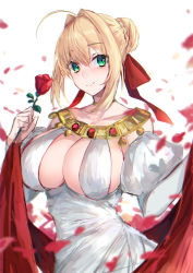 Rule 34 | 1girl, absurdres, ahoge, bare shoulders, blonde hair, blush, braid, breasts, cleavage, detached sleeves, dress, fate/extra, fate/grand order, fate (series), flower, french braid, green eyes, hair bun, hair intakes, hair ribbon, heroic spirit formal dress, highres, hitomin (ksws7544), jewelry, large breasts, long hair, looking at viewer, necklace, nero claudius (fate), nero claudius (fate) (all), nero claudius (fate/extra), nero claudius (formal dress) (fate), official alternate costume, petals, puffy sleeves, red ribbon, ribbon, rose, sash, simple background, single hair bun, smile, solo, thighlet, white background, white dress