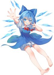 1girl absurdres barefoot bloomers blue_dress blue_eyes blue_hair blue_ribbon cirno dress feet frilled_sleeves frills full_body game_cg gensokyo_orb grin hair_ribbon highres ice ice_wings medium_hair non-web_source red_ribbon ribbon shirt short_sleeves smile soles solo tachi-e touhou transparent_background underwear white_bloomers white_shirt wings