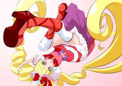 Rule 34 | 1girl, absurdly long hair, arms up, blonde hair, blunt bangs, boots, bow, cure macherie, eyelashes, floating hair, frilled boots, frills, fuchi (nightmare), gloves, gradient background, hair bow, high heel boots, high heels, hugtto! precure, knee boots, layered skirt, long hair, looking at viewer, miniskirt, open mouth, pink background, precure, red bow, red eyes, red footwear, short sleeves, skirt, solo, thighhighs, very long hair, white background, white gloves, white sleeves, white thighhighs, zettai ryouiki