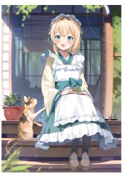 Rule 34 | 1girl, absurdres, animal, apron, blonde hair, blue eyes, blush, book, bow, cat, dango, flower pot, food, frills, full body, gradient clothes, hair ornament, hana mori, highres, hololive, japanese clothes, kazama iroha, long skirt, long sleeves, maid headdress, open book, open mouth, pantyhose, plant, sanshoku dango, scan, shoes, simple background, sitting, skirt, smile, stairs, tea, virtual youtuber, wagashi, wide sleeves