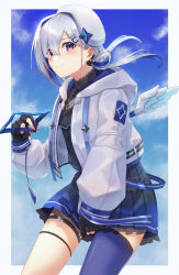 Rule 34 | 1girl, absurdres, almico, amane kanata, amane kanata (work), angel, angel wings, asymmetrical bangs, asymmetrical hair, beret, black dress, blue sky, blue thighhighs, blue wings, blush, closed mouth, cowboy shot, dress, feathered wings, gradient wings, hair ornament, hair over one eye, hair rings, hairclip, halo, halo removed, hat, highres, holding halo, hololive, hood, hooded jacket, huge filesize, jacket, long hair, looking at viewer, low twintails, mini wings, multicolored wings, pleated dress, purple eyes, short dress, silver hair, single hair intake, single thighhigh, sky, smile, solo, star halo, thigh strap, thighhighs, twintails, virtual youtuber, white hat, white jacket, white wings, wings