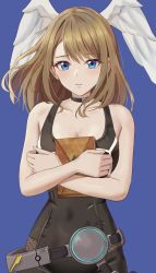 Rule 34 | 1girl, amayo thranana, bare shoulders, belt, black bodysuit, black choker, blue background, blue eyes, blush, bodysuit, breasts, brown hair, choker, closed mouth, collarbone, commentary, covered navel, english commentary, eunie (xenoblade), head wings, highres, lips, long hair, looking at viewer, medium breasts, hugging object, pink lips, simple background, sleeveless, sleeveless bodysuit, solo, white wings, wings, xenoblade chronicles (series), xenoblade chronicles 3