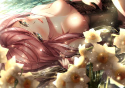 Rule 34 | 1girl, breasts, cleavage, day, dies irae, flower, green eyes, hand on own stomach, hatori mia, highres, long hair, looking at viewer, lying, medium breasts, on back, outdoors, parted lips, pink hair, rusalka schwagerin, shinza bansho series, solo, white flower