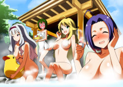 Rule 34 | 4girls, ahoge, alcohol, bird, blonde hair, blue eyes, blue hair, blush, breast envy, breasts, breasts apart, censored, censored nipples, cleavage, closed eyes, convenient censoring, duck, embarrassed, green eyes, green hair, hair over breasts, hairband, hand on own cheek, hand on own face, highres, hoshii miki, idolmaster, idolmaster (classic), large breasts, long hair, looking at breasts, miura azusa, multiple girls, naked towel, nude, onsen, open mouth, otonashi kotori, purple hair, sake, shijou takane, shirihime, short hair, steam, steam censor, towel, white hair, white towel