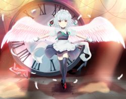 Rule 34 | 1girl, angel wings, bad id, bad pixiv id, bad proportions, braid, chirosuke, clock, feathers, female focus, highres, izayoi sakuya, knife, maid, maid headdress, red eyes, short hair, silver hair, solo, embodiment of scarlet devil, thighhighs, throwing knife, touhou, twin braids, weapon, wings
