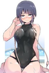 Rule 34 | 1girl, alternate breast size, blush, boku no hero academia, breasts, collarbone, covered collarbone, covered navel, earlobes, gluteal fold, highres, jirou kyouka, large breasts, long earlobes, looking at viewer, moz9 shinonome, one-piece swimsuit, purple eyes, purple hair, short hair, sitting, solo, swimsuit, thick thighs, thigh gap, thighs, wet