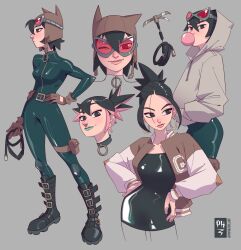 Rule 34 | 1girl, absurdres, artist name, batman (series), black bodysuit, black footwear, bodysuit, brown headwear, catwoman, commentary, dc comics, full body, highres, holding, holding whip, hood, hoodie, jacket, multicolored hair, open clothes, open jacket, phfreitas art, pink hair, redesign, selina kyle, simple background, solo, standing, streaked hair