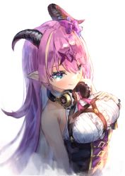 Rule 34 | 1girl, absurdres, asymmetrical horns, bare shoulders, blonde hair, blue eyes, blush, breasts, chest harness, demon horns, hair ornament, harness, headphones, headphones around neck, highres, hololive, horns, long hair, looking at viewer, mano aloe, multicolored hair, pink hair, pointy ears, sleeveless, smile, solo, two-tone hair, uneven horns, virtual youtuber, white background, yu hydra