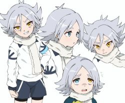 Rule 34 | 1boy, antenna hair, blue eyes, closed mouth, fubuki shirou, grey background, grey scarf, hair between eyes, hand on own hip, heterochromia, inazuma eleven (series), male focus, open mouth, scarf, simple background, smile, spiked hair, sweat, nervous sweating, teeth, tomei 00, upper teeth only, yellow eyes