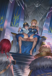 Rule 34 | 1girl, 3boys, artoria pendragon (fate), artoria pendragon (lancer) (fate), bare shoulders, black gloves, black hair, blonde hair, blue legwear, blue leotard, blue sky, braid, breasts, cape, censored, chair, chaldea uniform, chalice, cleavage, closed mouth, command spell, cowgirl position, crown, cup, elbow gloves, erection, fate/grand order, fate (series), flag, fujimaru ritsuka (male), fur collar, fur trim, gawain (fate), gloves, chalice, green eyes, hair between eyes, hair bun, hetero, large breasts, leotard, long hair, looking at another, mosaic censoring, multiple boys, multiple girls, no pants, penis, pussy, red hair, reverse cowgirl position, reverse upright straddle, sex, sex from behind, short hair, sidelocks, single hair bun, sitting, sky, smile, spread legs, stairs, standing, straddling, testicles, thighs, throne, tile floor, tiles, tristan (fate), unfairr, vaginal, window
