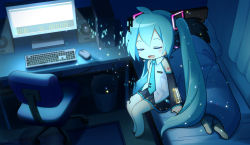 Rule 34 | 1boy, 1girl, aqua hair, aqua necktie, bare shoulders, bed, bedroom, black skirt, black sleeves, blanket, blush, chair, closed eyes, collared shirt, commentary request, computer, detached sleeves, full body, glitch, hair between eyes, hair ornament, hatsune miku, hatsune miku (vocaloid3), hatsune miku (vocaloid4), headset, indoors, keyboard (computer), long hair, master (vocaloid), mouse (computer), music, necktie, night, nokuhashi, number tattoo, on bed, open mouth, pleated skirt, shadow, shirt, shoulder tattoo, singing, sitting, skirt, sleeping, sleeveless, sleeveless shirt, smile, solo focus, speaker, table, tattoo, trash can, twintails, very long hair, vocaloid, white shirt