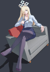Rule 34 | 1girl, absurdres, adjusting clothes, adjusting necktie, animal ear fluff, animal ears, armchair, black necktie, black pantyhose, black skirt, blue archive, blue eyes, breasts, chair, cleavage, collarbone, collared shirt, commentary, couch, crossed legs, dog ears, dog girl, english commentary, hair over one eye, halo, highres, kanna (blue archive), large breasts, light brown hair, long bangs, long hair, long sleeves, looking at viewer, mzrz, necktie, on couch, pantyhose, pencil skirt, police, police uniform, policewoman, shirt, sidelocks, simple background, sitting, skirt, solo, uniform