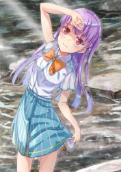 Rule 34 | 1girl, arm up, ayase rin (raramagi), bad id, bad pixiv id, blush, bow, closed mouth, collared shirt, commentary request, day, fingernails, green skirt, leaning to the side, long hair, looking at viewer, orange bow, outdoors, purple hair, raramagi, red eyes, rock, rurukuru, school uniform, shading eyes, shirt, short sleeves, skirt, smile, solo, standing, striped clothes, striped skirt, two side up, vertical-striped clothes, vertical-striped skirt, very long hair, water, white shirt