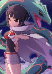 Rule 34 | 1girl, absurdres, black hair, black sclera, breasts, cape, colored sclera, commentary request, cowboy shot, creatures (company), game freak, gen 3 pokemon, highres, holding, holding poke ball, legendary pokemon, looking at viewer, medium breasts, night, night sky, nintendo, poke ball, poke ball (basic), pokemon, pokemon (creature), pokemon oras, rayquaza, red eyes, rope belt, shooting star, shorts, sideboob, sky, ssrg srrg, star (sky), torn cape, torn clothes, zinnia (pokemon)