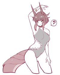 Rule 34 | 1girl, ?, arm up, armpits, cropped legs, green eyes, grey one-piece swimsuit, horns, limited palette, monster girl, one-piece swimsuit, original, redrabbu, sharkini, simple background, single-shoulder one-piece swimsuit, single bare shoulder, solo, speech bubble, spoken question mark, swimsuit, tail, white background