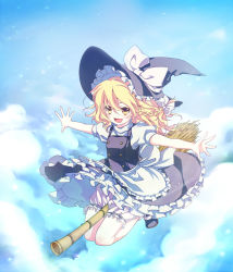 Rule 34 | 1girl, between legs, blonde hair, bloomers, bow, braid, broom, broom riding, enone, female focus, flying, frills, gathers, hair bow, hat, highres, kirisame marisa, long hair, open mouth, outstretched arms, side braid, smile, solo, spread arms, touhou, underwear, witch, witch hat, yellow eyes
