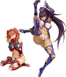 Rule 34 | 2girls, amanomiya ayame, arm up, ass, bertha bernstein, blush, breasts, dark skin, dark-skinned female, earrings, fang, flat chest, full body, gradient hair, hairband, high kick, jewelry, kicking, large breasts, long hair, looking at viewer, multicolored hair, multiple girls, navel, official art, open mouth, orange hair, purple eyes, purple hair, purple legwear, red hair, red legwear, sitting, super robot wars, super robot wars x-omega, thighhighs, transparent background, twintails, very long hair, wariza, watanabe wataru (character designer)