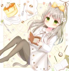 Rule 34 | 1girl, absurdres, animal ear fluff, animal ears, bad id, bad pixiv id, book, bow, cat ears, cat girl, cat tail, clock, cookie, cup, dress, food, fork, green eyes, grey pantyhose, hair bow, hairband, highres, holding, holding book, imagining, knife, light brown hair, long hair, mike mochi, original, pantyhose, pencil, sweets, syrup, tail, teacup, white dress