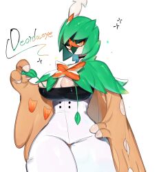 Rule 34 | 1girl, beak, bird, bird girl, bird wings, breasts, brown feathers, choker, cleavage, colored skin, creatures (company), decidueye, feathers, furry, furry female, game freak, gen 7 pokemon, green hair, hand on own hip, highres, hood, large breasts, leaf, looking at viewer, nintendo, orange eyes, pokemon, pokemon (creature), short hair, thick thighs, thighs, togetoge, white skin, wide hips, wings