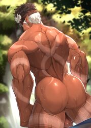 Rule 34 | arm tattoo, ass, back, bara, bellsaltr, blurry, blurry background, brown hair, dark-skinned male, dark skin, day, forest, headband, highres, huge ass, leaf, leg tattoo, light particles, male focus, manly, mature male, multicolored hair, muscular, muscular male, nature, outdoors, penis, pointy ears, solo, spiked hair, sunlight, tangaroa (housamo), tattoo, testicles, thick arms, thick thighs, thighs, tokyo houkago summoners, tree, veins, water, wet, white hair