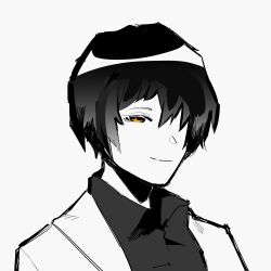 Rule 34 | 1boy, ayin (project moon), closed mouth, collared shirt, greyscale, highres, lab coat, lobotomy corporation, looking at viewer, madotsuki ren, male focus, monochrome, portrait, project moon, shirt, smile, solo, spot color, yellow eyes