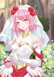 Rule 34 | 1girl, bare shoulders, bouquet, braid, dress, fire emblem, fire emblem engage, fire emblem heroes, flower, lapis (fire emblem), lapis (mighty bride) (fire emblem), looking at viewer, nintendo, official alternate costume, pink hair, red eyes, single braid, solo, sylphy fe, wedding dress