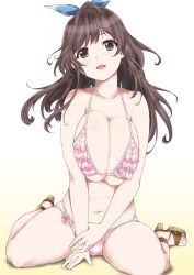 Rule 34 | 1girl, :d, absurdres, arms at sides, bikini, blue ribbon, blush, breast press, breasts, brown hair, cleavage, commentary request, frilled bikini, frills, full body, gradient background, hair ribbon, highres, huge breasts, idolmaster, idolmaster shiny colors, kneeling, long hair, looking at viewer, multi-strapped bikini, open mouth, pink bikini, plaid, plaid bikini, ponytail, ribbon, sandals, simple background, sitting, smile, solo, striped bikini, striped clothes, swept bangs, swimsuit, tsukioka kogane, wariza, yue (show-ei)