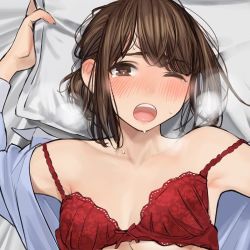 Rule 34 | 1girl, blush, bra, brown hair, commentary request, douki-chan (douki-chan), ganbare douki-chan, heart, heart-shaped pupils, heavy breathing, implied sex, looking at viewer, lying, on back, one eye closed, open clothes, open mouth, open shirt, pillow, red bra, solo, strap slip, sweat, symbol-shaped pupils, underwear, upper body, yomu (sgt epper)