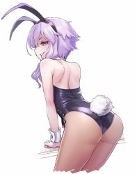 Rule 34 | 1girl, animal ears, ass, bare shoulders, bright pupils, brown pantyhose, cowboy shot, cropped legs, detached collar, fake animal ears, from behind, grin, hairband, highres, leaning forward, leotard, mochi (mochi444420), pantyhose, playboy bunny, profile, purple eyes, purple hair, rabbit ears, rabbit tail, short hair with long locks, shoulder blades, sidelocks, simple background, smile, solo, tail, vocaloid, voiceroid, white background, white pupils, wrist cuffs, yuzuki yukari