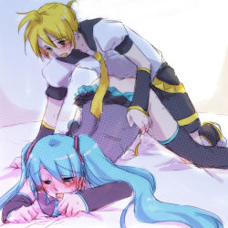 Rule 34 | 1boy, 1girl, all fours, aqua hair, bed, blonde hair, blush, clothed sex, doggystyle, from behind, hatsune miku, hetero, kagamine len, necktie, no panties, open mouth, sekihara umina, sex, sex from behind, shorts, sketch, skirt, thighhighs, top-down bottom-up, twintails, vaginal, vocaloid