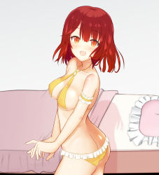 Rule 34 | 1girl, arm strap, artist request, ass, atelier (series), atelier sophie, bare shoulders, bed, bikini, blush, bra, breasts, butt crack, cleavage, collarbone, covered erect nipples, female focus, looking at viewer, open mouth, orange eyes, panties, red hair, shiny clothes, shiny skin, short hair, smile, solo, sophie neuenmuller, swimsuit, underwear