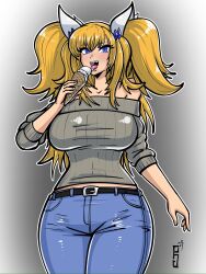 Rule 34 | 1girl, 2023, artist request, blonde hair, blue eyes, breasts, casual, dated, denim, food, highres, holding, holding food, ice cream, large breasts, licking, long hair, onizaki kirara, pants, smile, solo, taimanin (series), taimanin rpgx, twintails, very long hair, wide hips