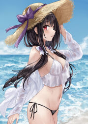1girl asle beach bikini black_bikini black_hair breasts commentary_request date_a_live from_side halterneck hand_on_headwear hat heterochromia highres long_hair long_sleeves looking_at_viewer medium_breasts mismatched_bikini navel ocean off_shoulder open_mouth outdoors paid_reward_available red_eyes see-through see-through_shirt shirt side-tie_bikini_bottom smile solo straw_hat swimsuit tokisaki_kurumi twintails wet wet_clothes wet_shirt white_bikini yellow_eyes